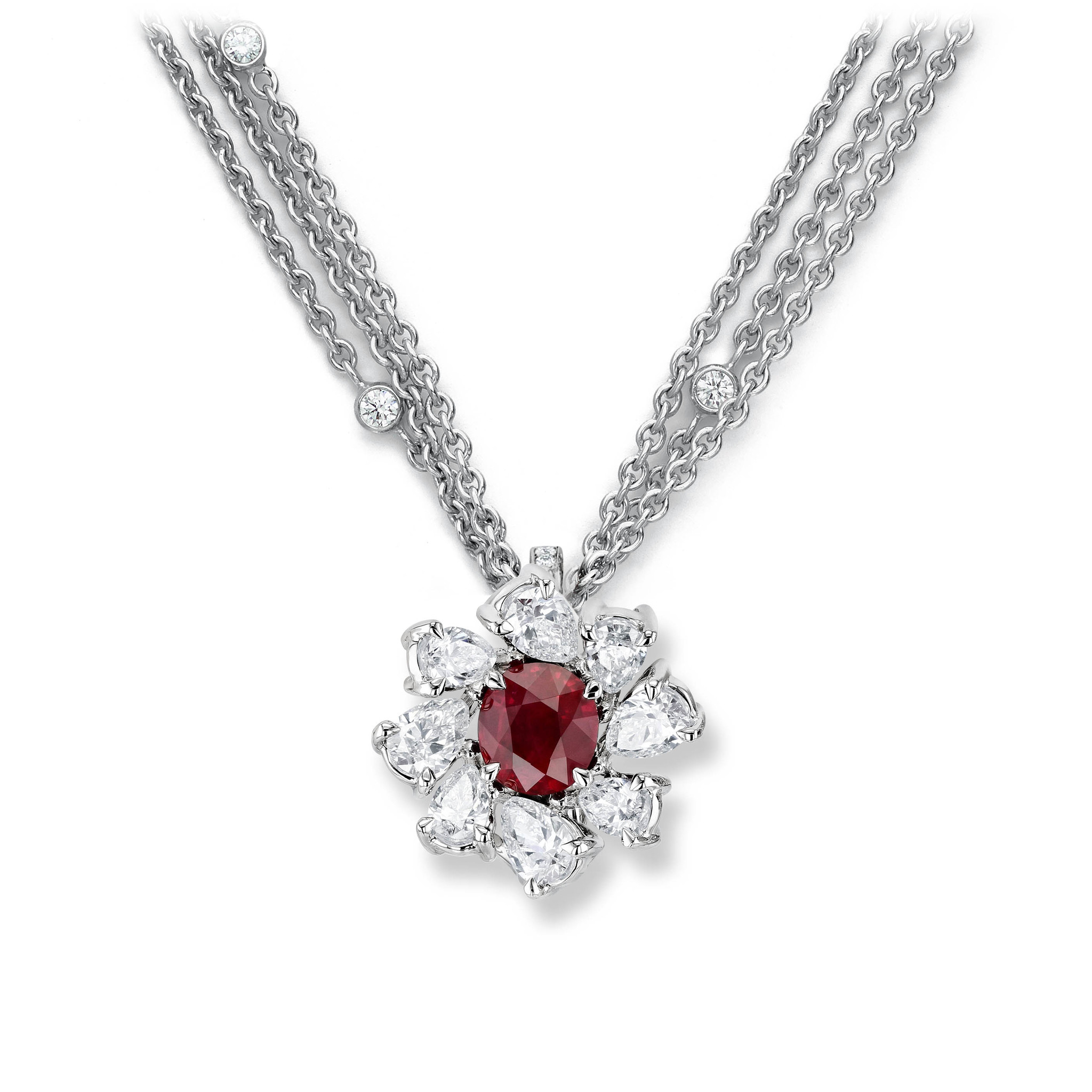 Ruby and diamond pendant set